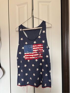 Navy Star Print Tank with Distressed American Flag